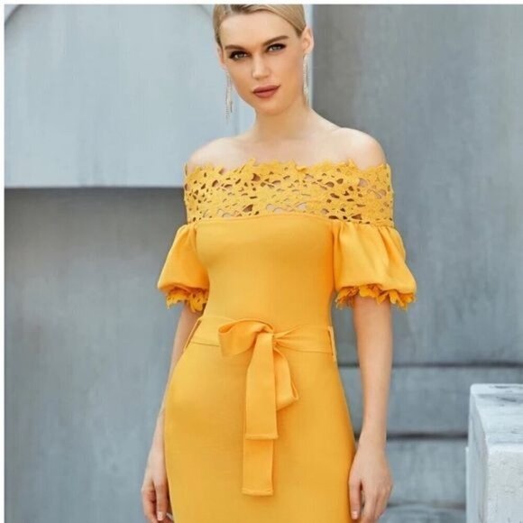 Yellow off the shoulder laser cut dress with lantern sleeves M - Picture 2 of 11